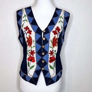 CAROLE LITTLE Patchwork Embroidered Applique Vtg Vest SM Grandma Core Cottage